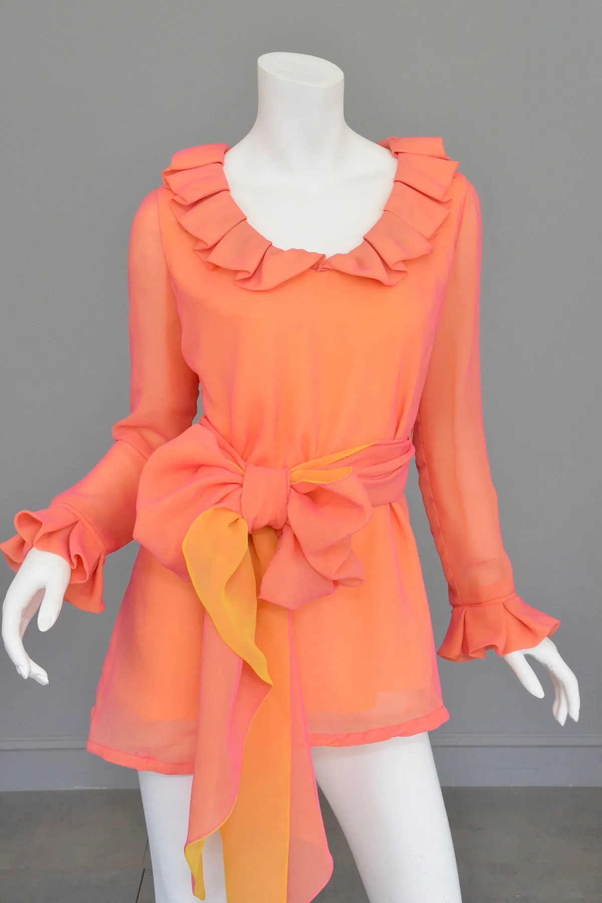 1970s Neon Coral   Saffron Chiffon Micro Mini Tunic