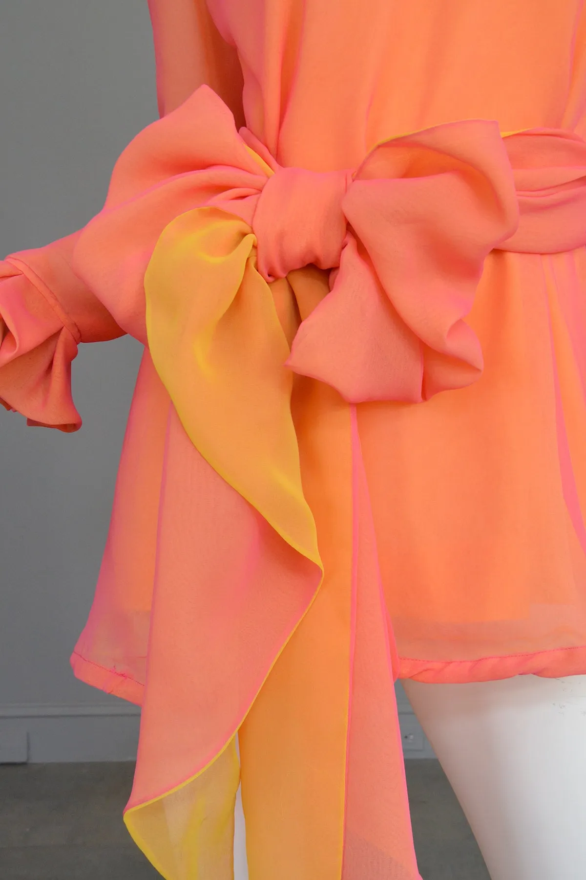 1970s Neon Coral   Saffron Chiffon Micro Mini Tunic