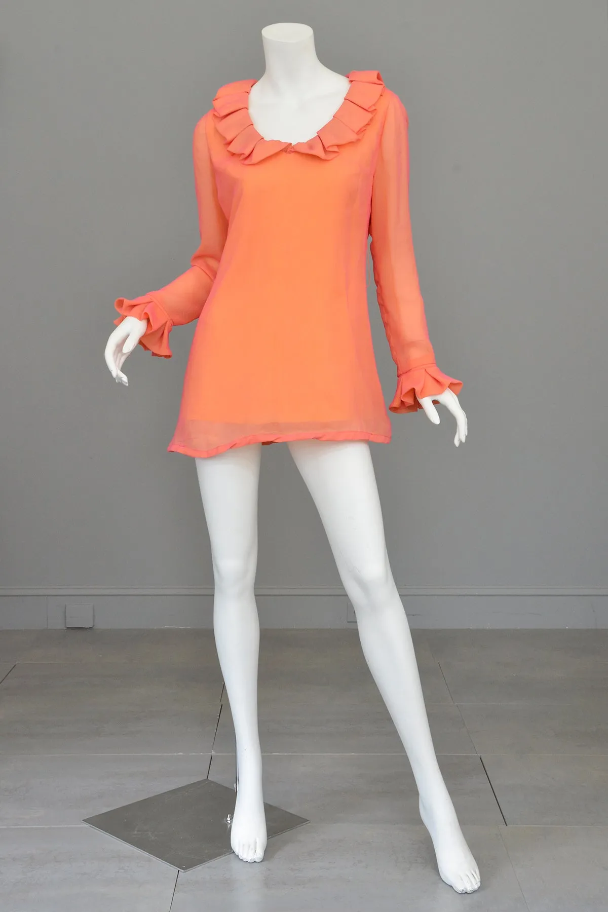 1970s Neon Coral   Saffron Chiffon Micro Mini Tunic