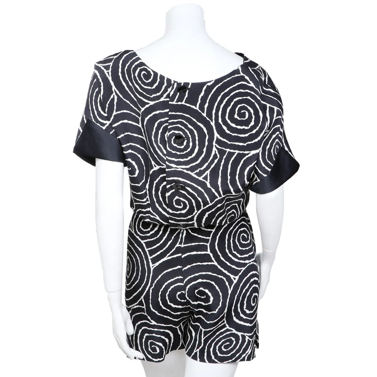 1980s Black Crêpe de Chine Spiral Print Romper