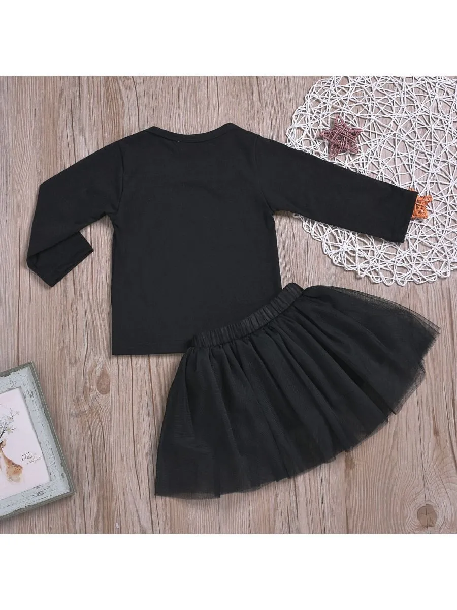 2-Piece Baby Toddler Girl Halloween Outfit Tee   Black Mesh Skirt