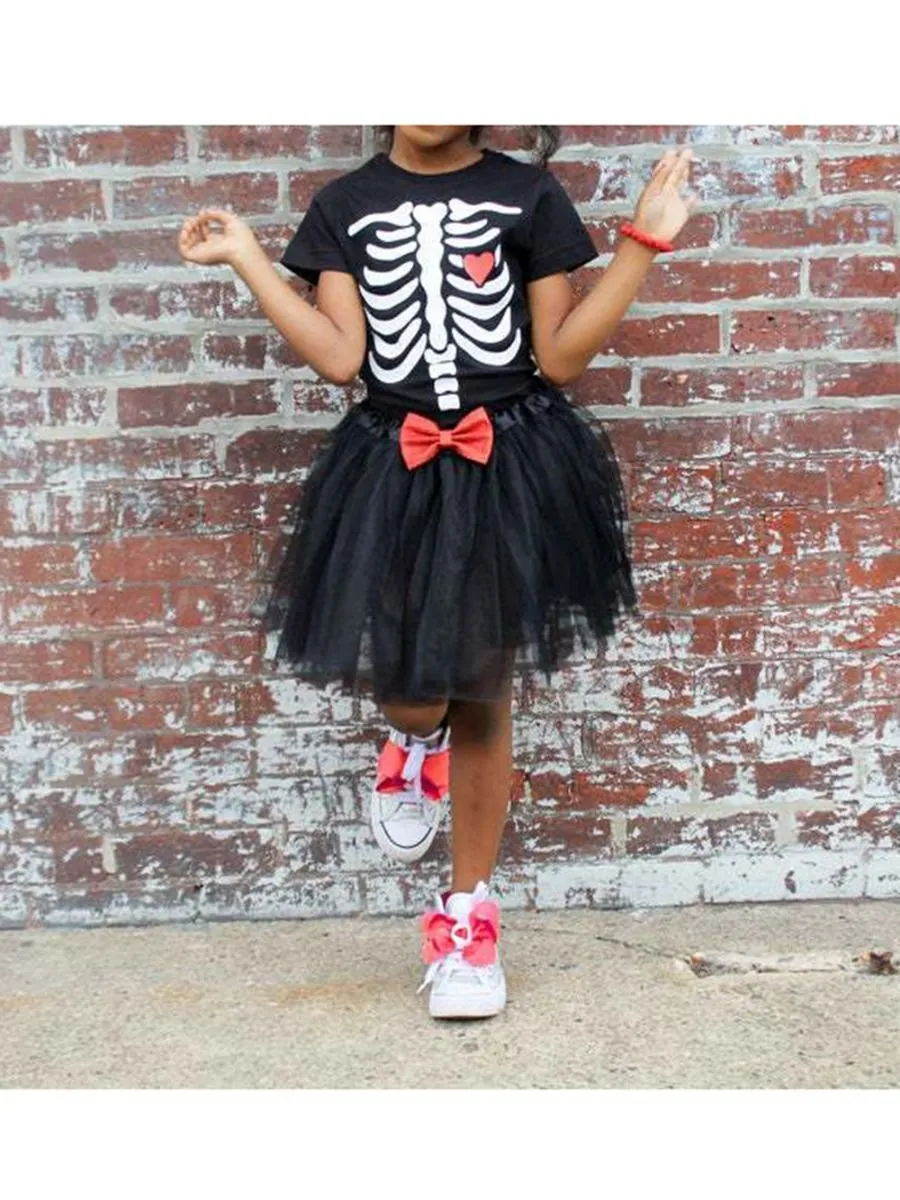 2-Piece Baby Toddler Girl Halloween Outfit Tee   Black Mesh Skirt