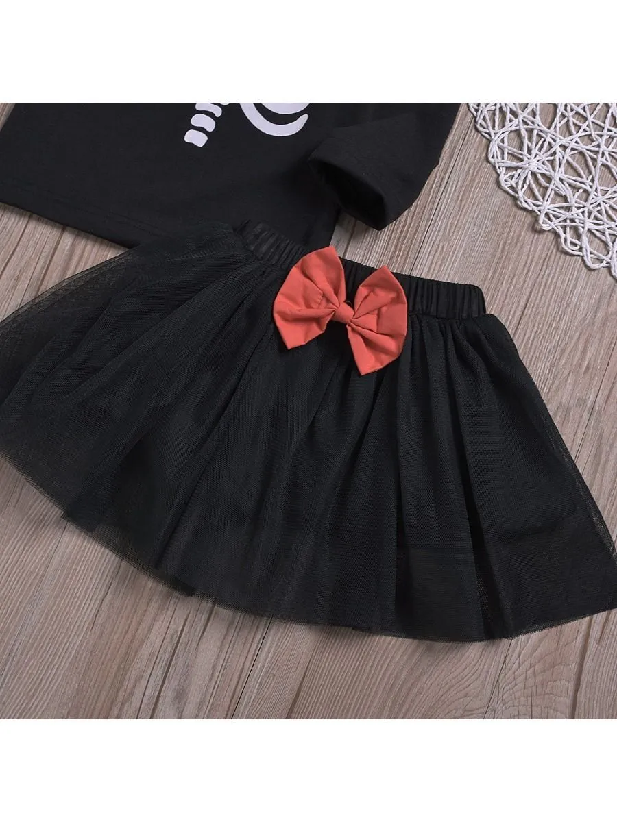 2-Piece Baby Toddler Girl Halloween Outfit Tee   Black Mesh Skirt