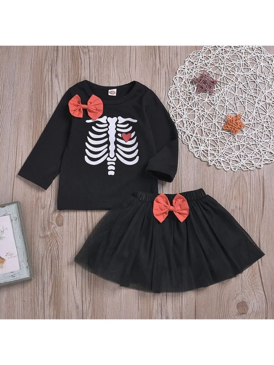 2-Piece Baby Toddler Girl Halloween Outfit Tee   Black Mesh Skirt