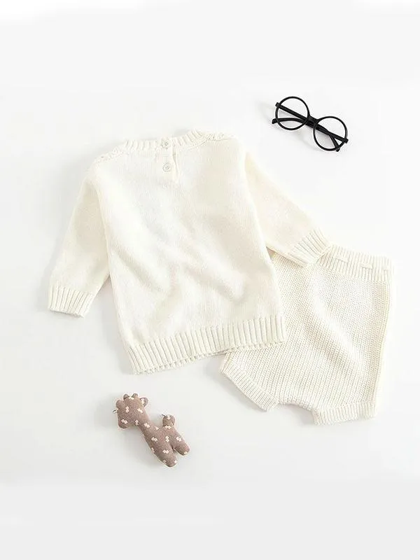 2-piece Outfit Set Cotton Knitted Pierced Long Sleeves Top and Shorts White and Yellow