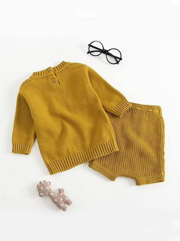 2-piece Outfit Set Cotton Knitted Pierced Long Sleeves Top and Shorts White and Yellow