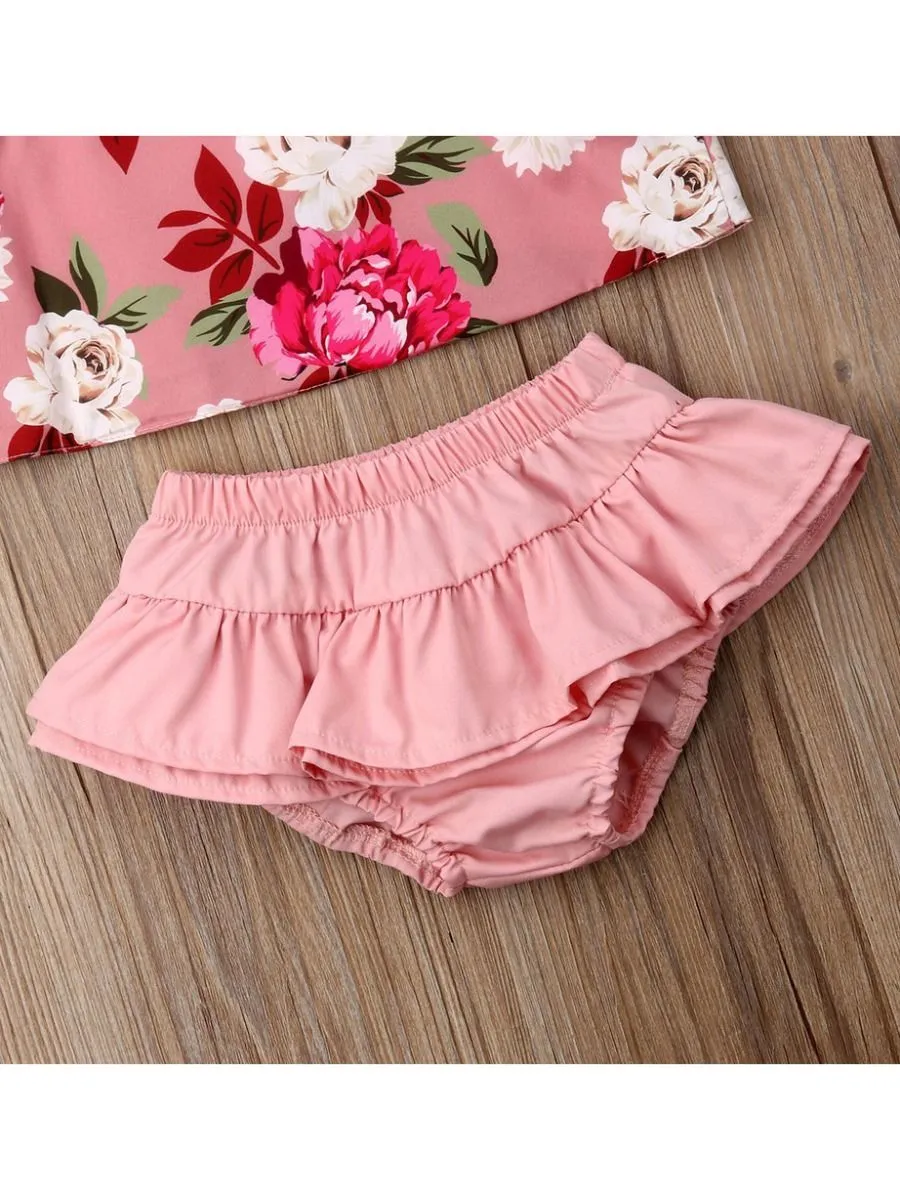 2-Piece Outfit Sleeveless Flower Top   Ruffle Shorts For Baby Toddler Girls