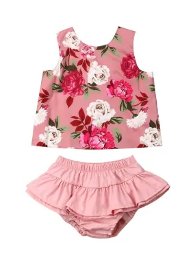 2-Piece Outfit Sleeveless Flower Top   Ruffle Shorts For Baby Toddler Girls