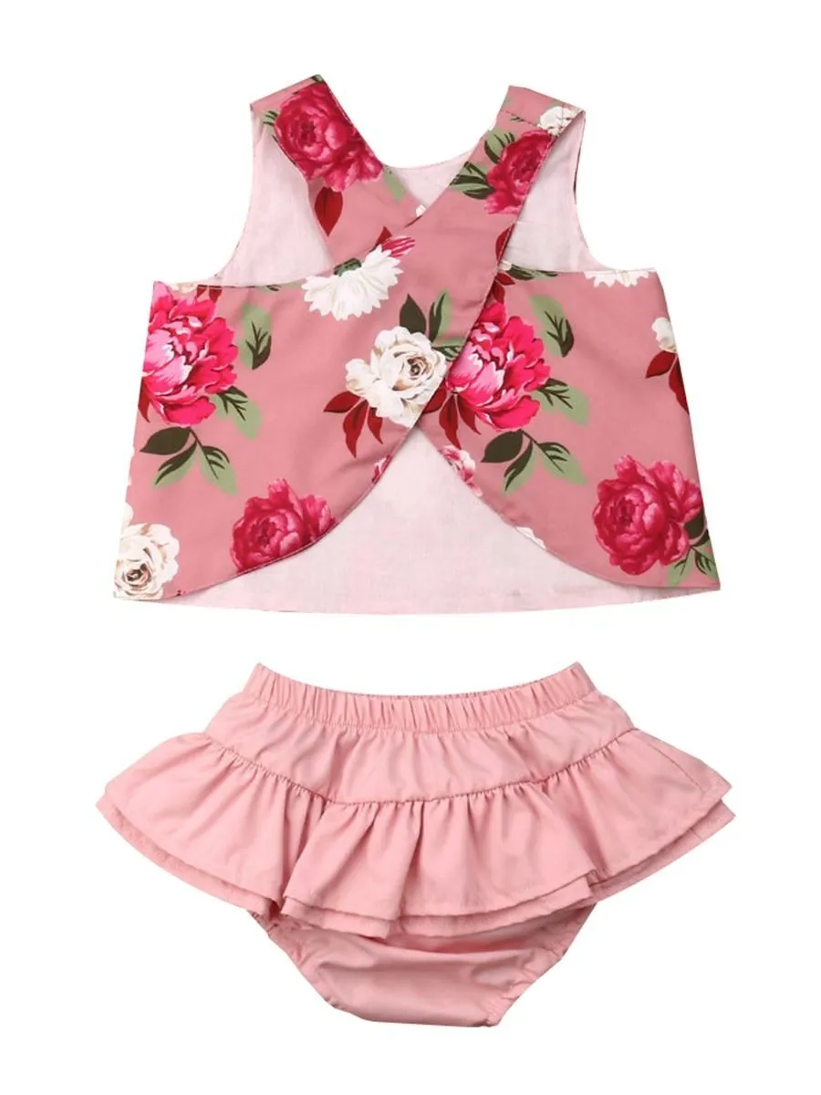 2-Piece Outfit Sleeveless Flower Top   Ruffle Shorts For Baby Toddler Girls