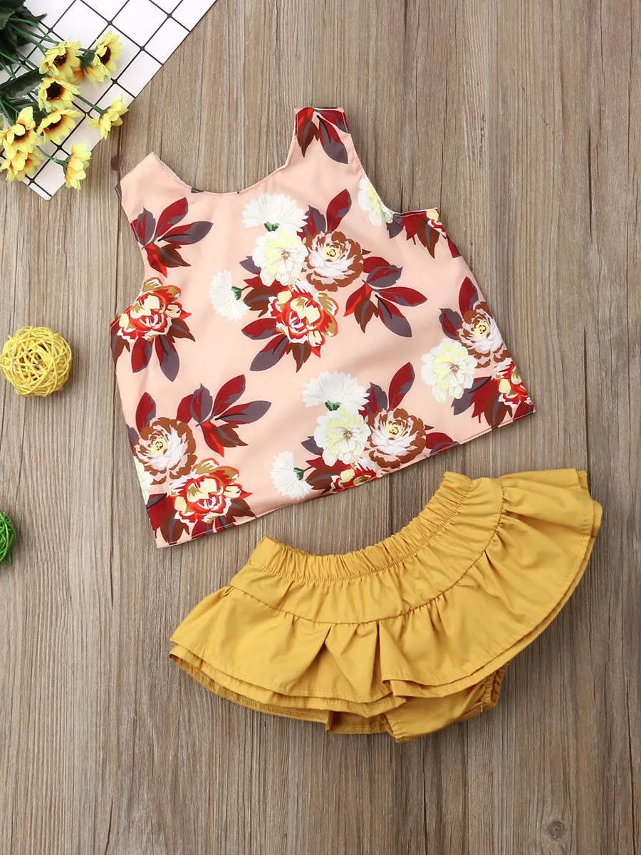 2-Piece Outfit Sleeveless Flower Top   Ruffle Shorts For Baby Toddler Girls