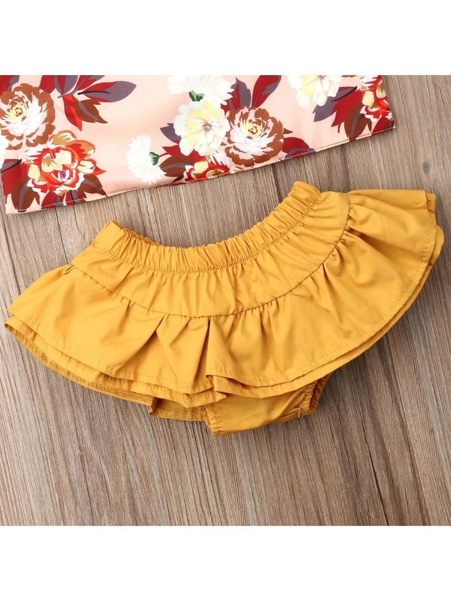 2-Piece Outfit Sleeveless Flower Top   Ruffle Shorts For Baby Toddler Girls