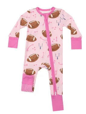 2-Way Zip Romper, Footballs Pink