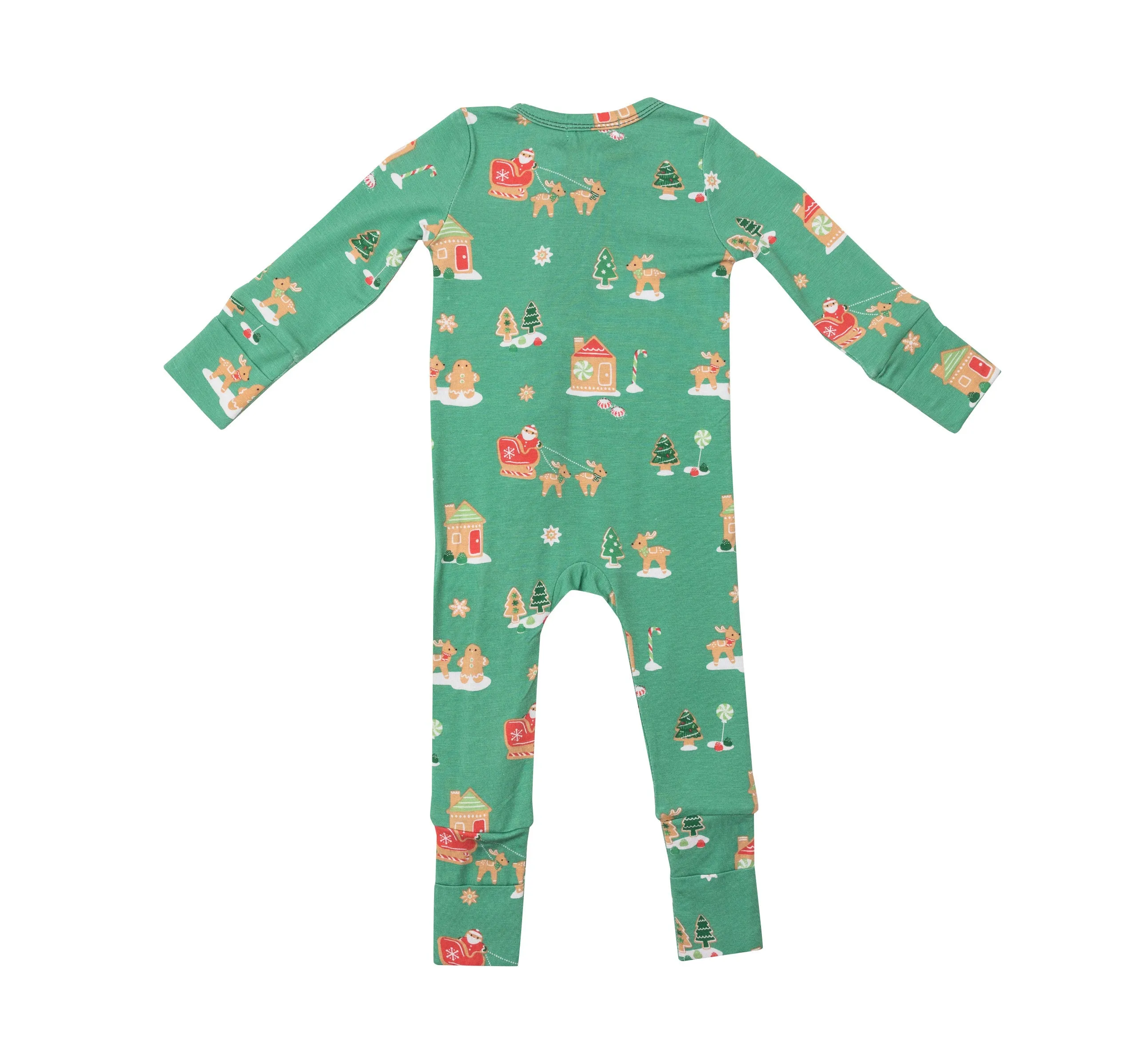 2 Way Zip Romper, Green Gingerbread Sleigh