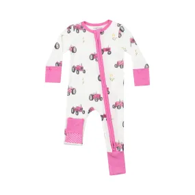 2 Way Zipper Romper - Pink Tractors