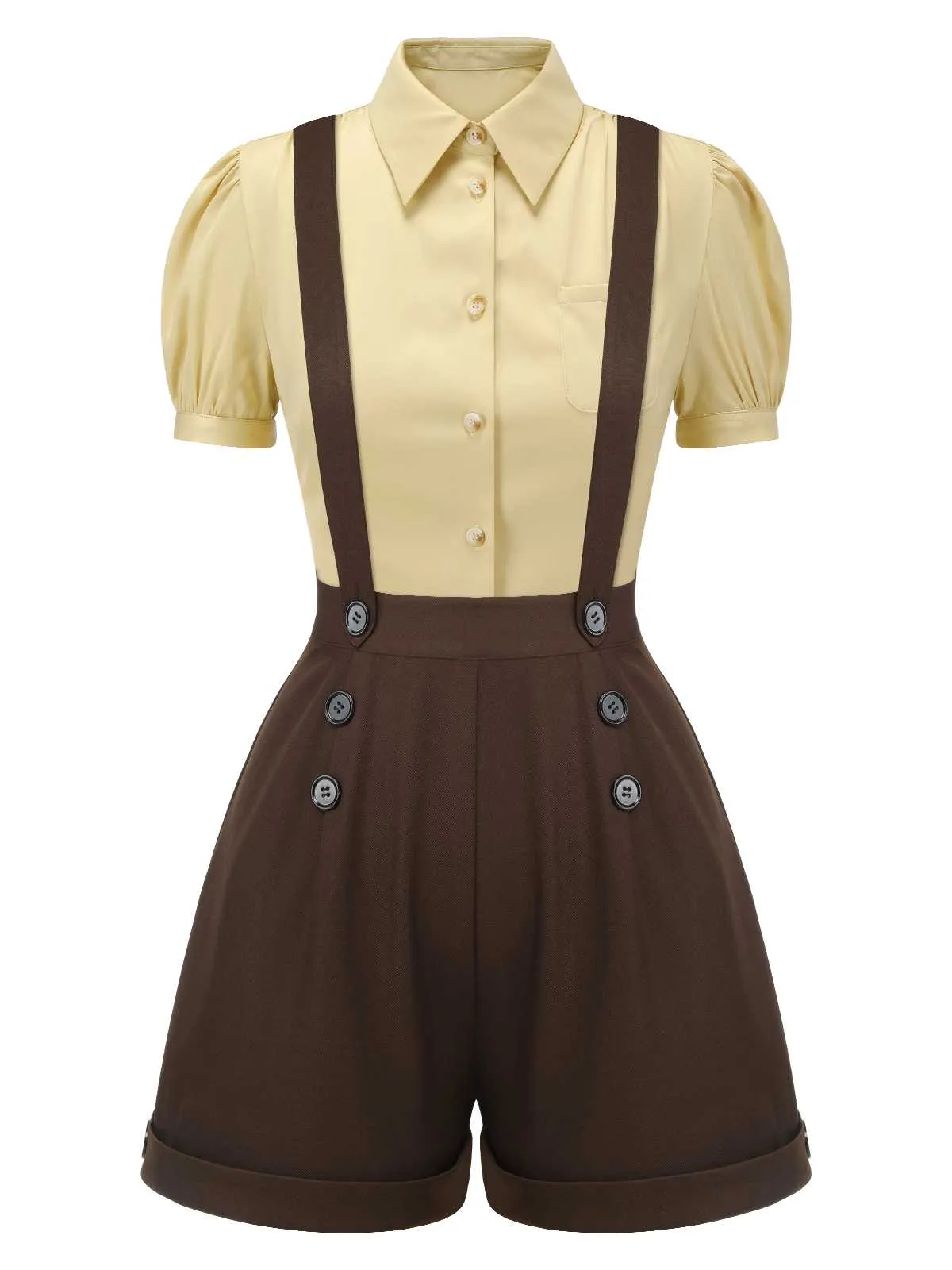 2PCS 1940s Lapel Blouse & Buttons Overall Shorts