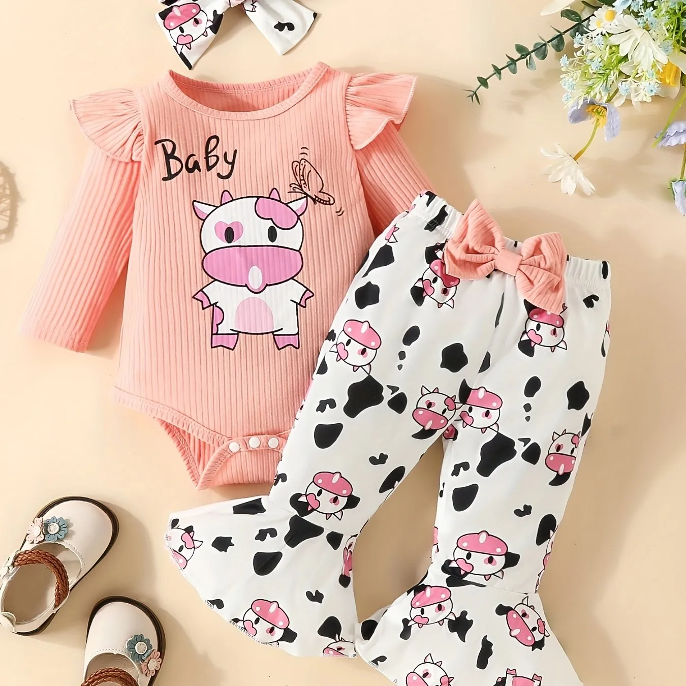 3pc Elephant Butterfly Romper Set for Baby Girls