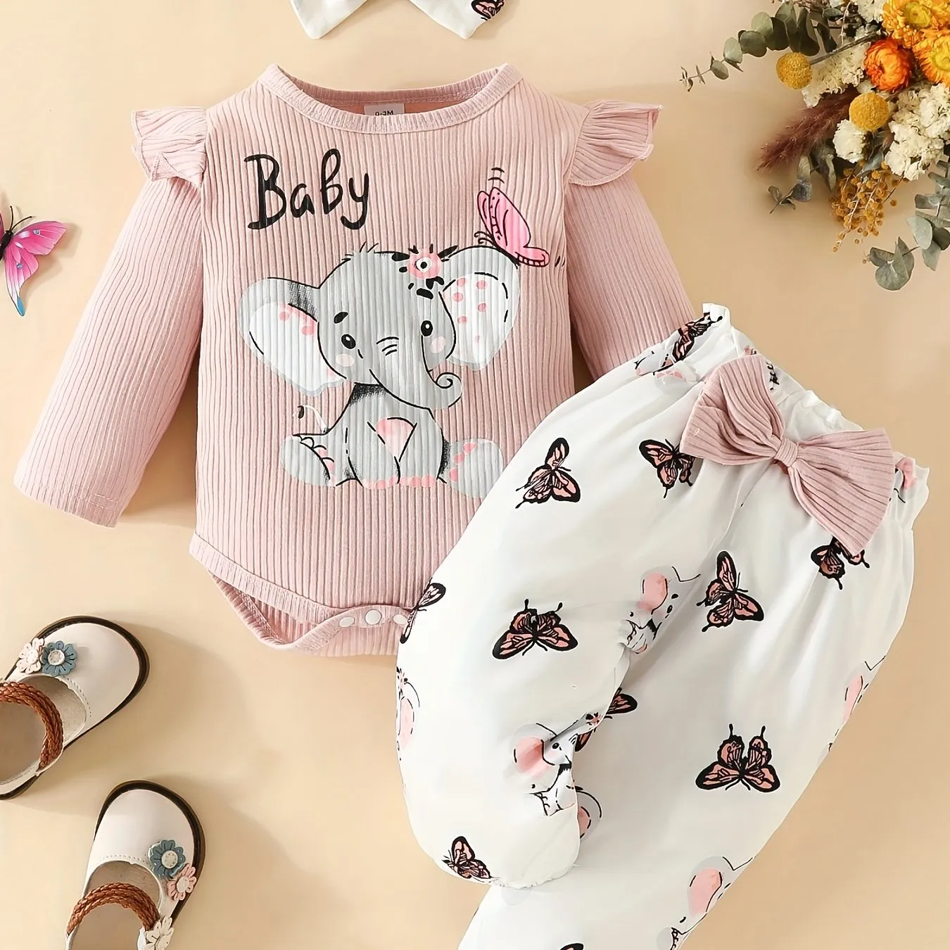 3pc Elephant Butterfly Romper Set for Baby Girls