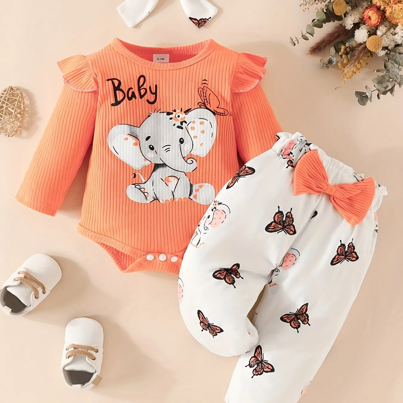 3pc Elephant Butterfly Romper Set for Baby Girls