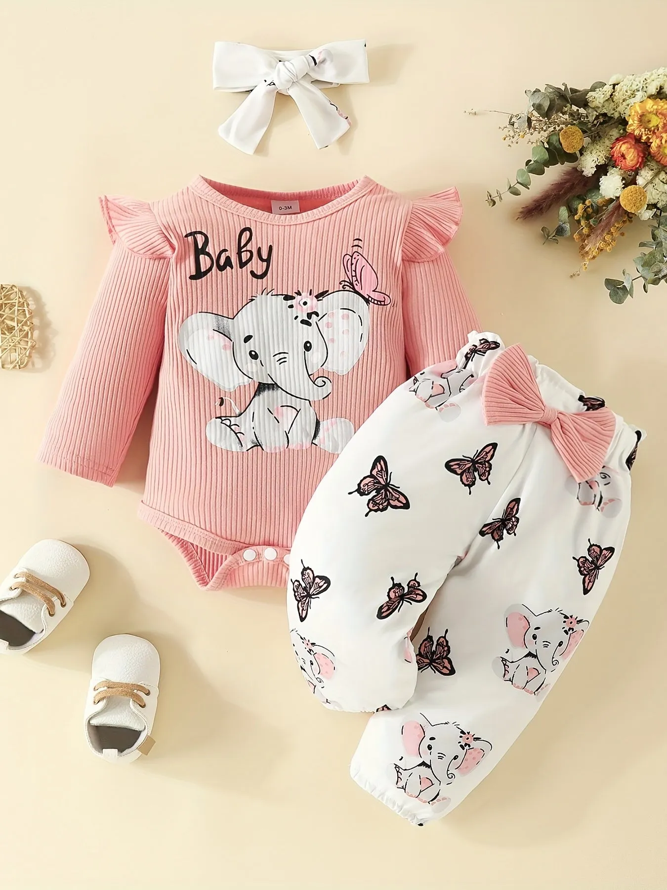 3pc Elephant Butterfly Romper Set for Baby Girls