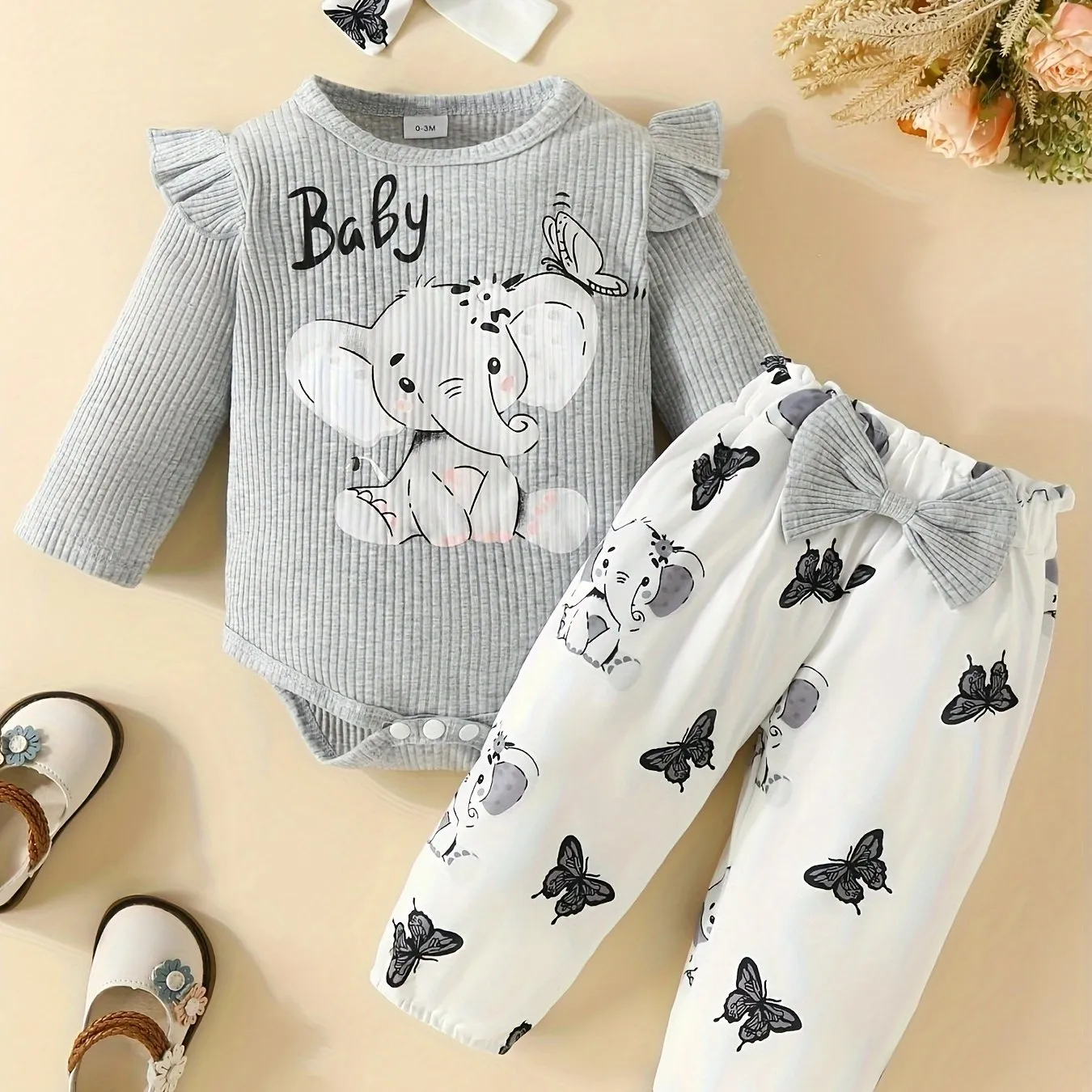 3pc Elephant Butterfly Romper Set for Baby Girls