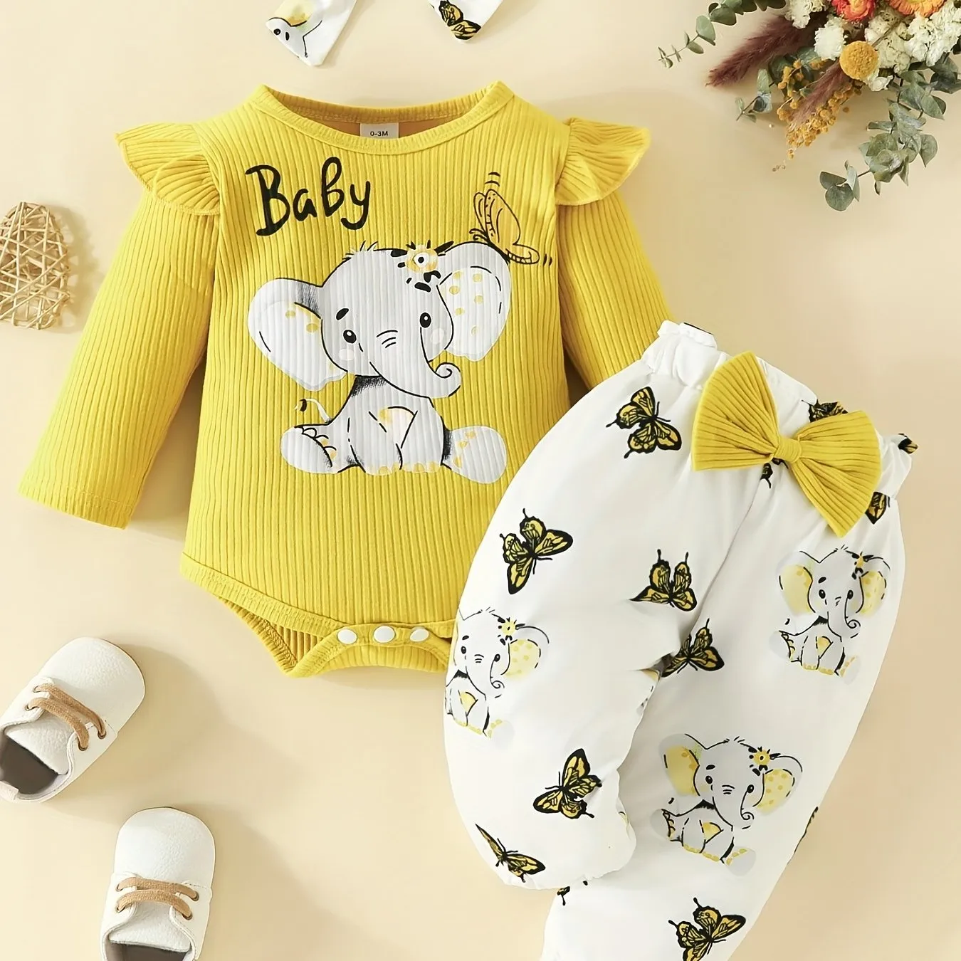 3pc Elephant Butterfly Romper Set for Baby Girls