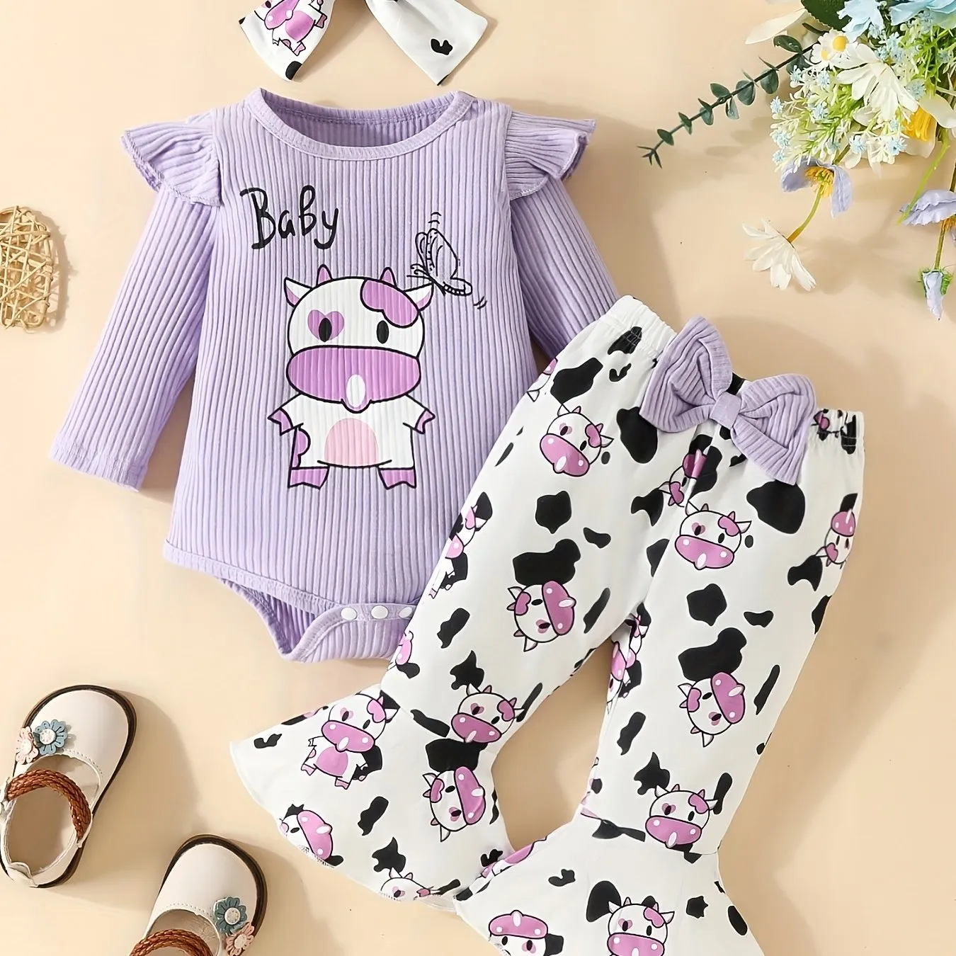 3pc Elephant Butterfly Romper Set for Baby Girls