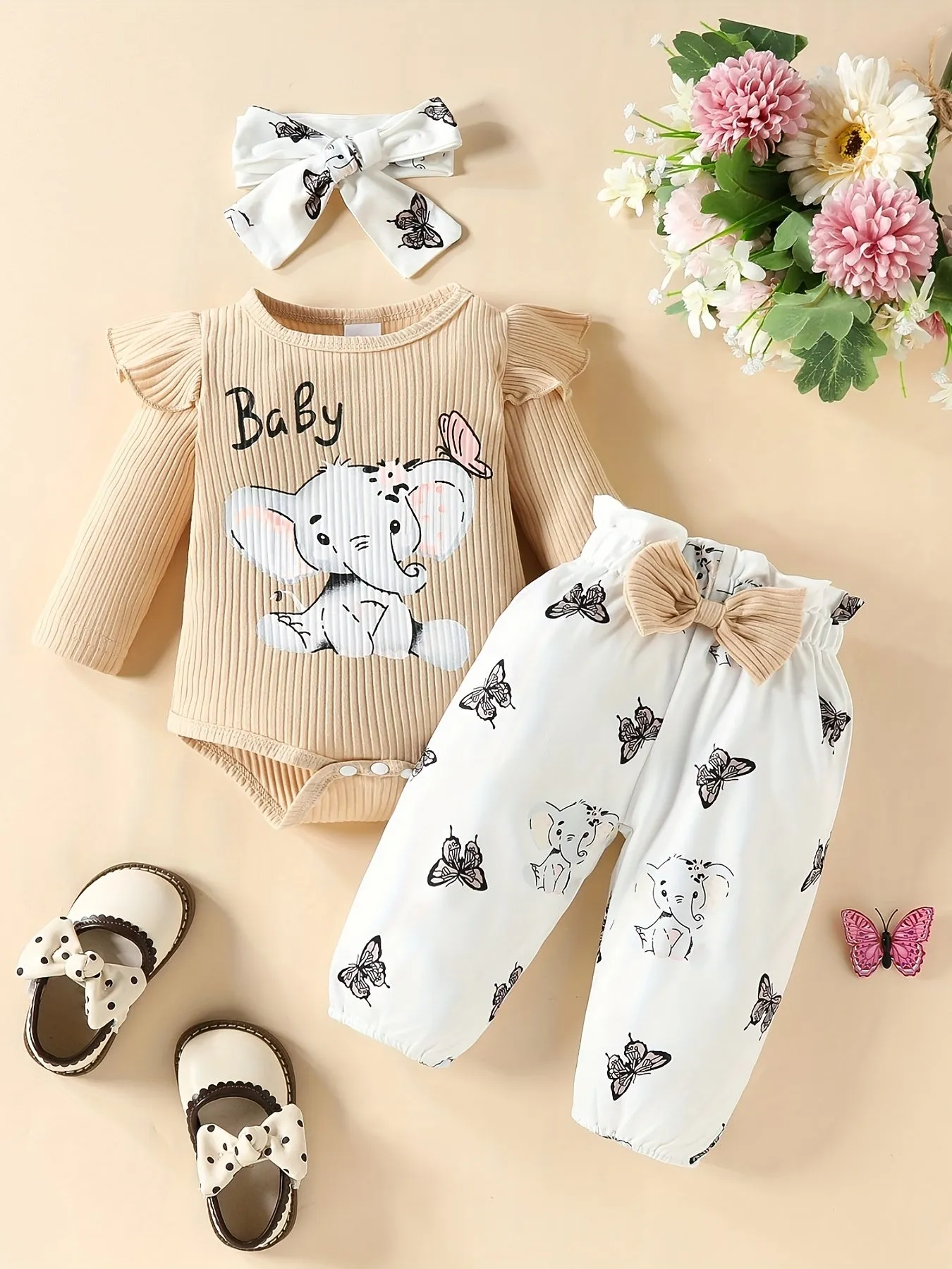 3pc Elephant Butterfly Romper Set for Baby Girls