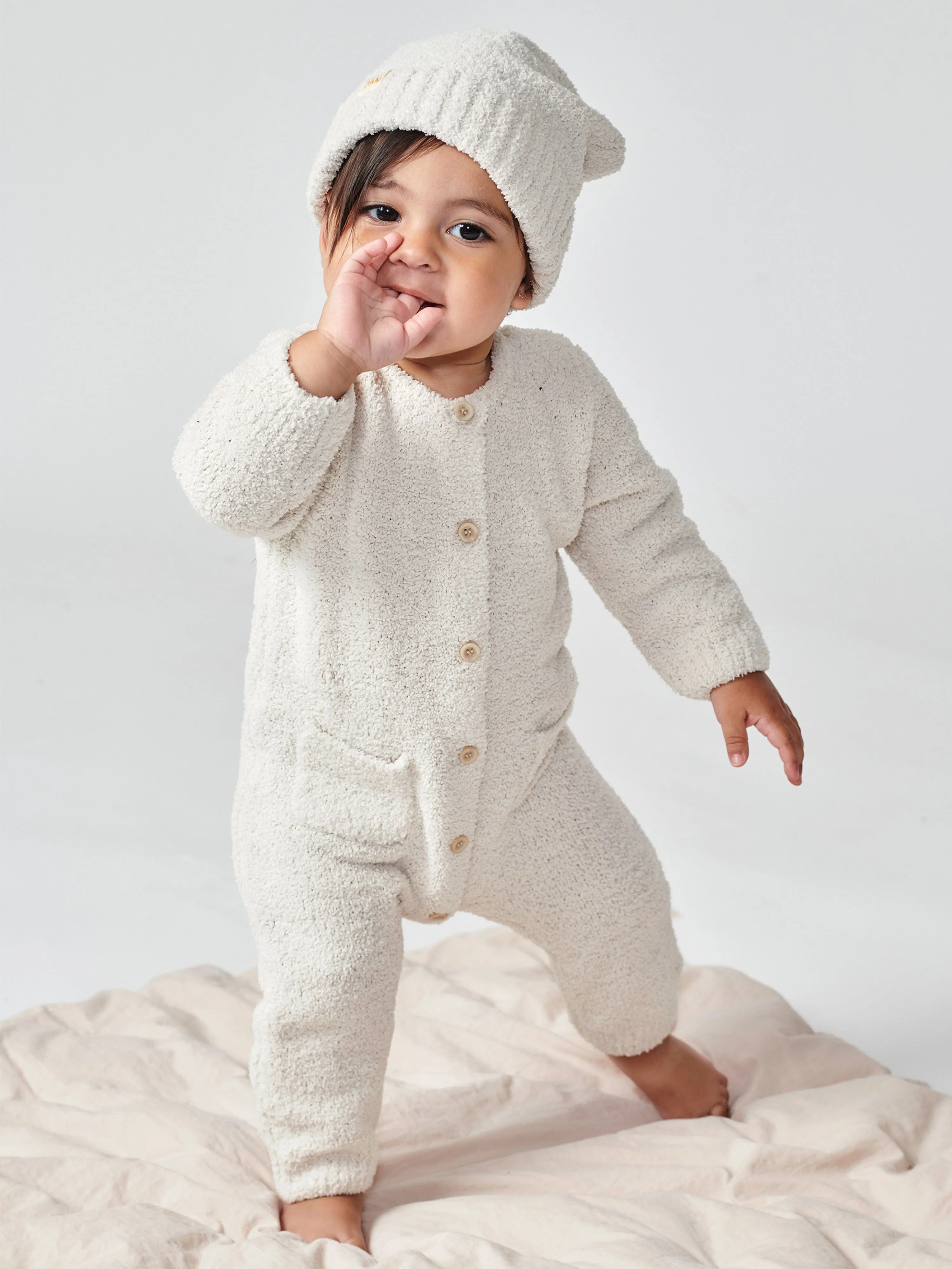 7AM Enfant Baby Fuzzy Long Sleeve Romper in Ivory