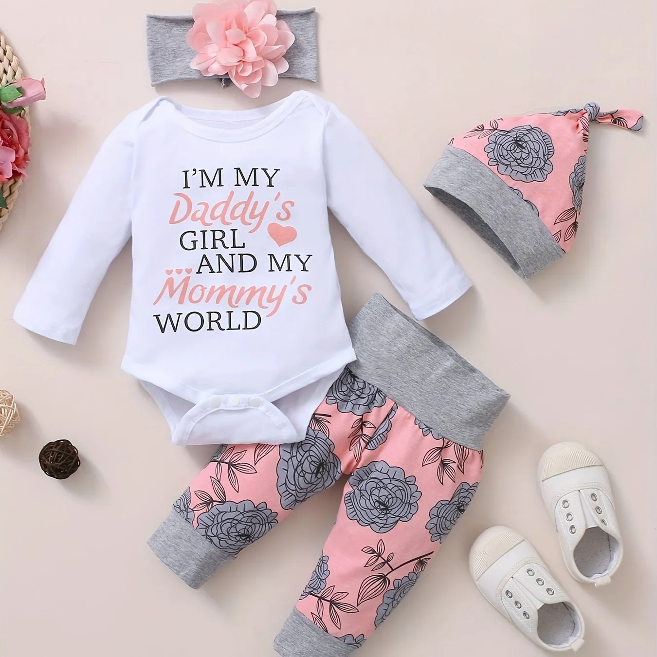 Adorable Infant Letter Romper Set with Floral Print Pants