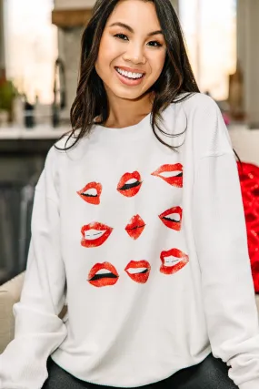 All The Kisses White Corded Graphic Sweatshirt