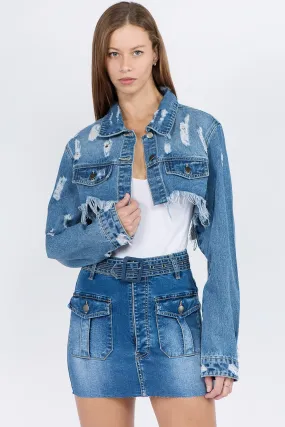 American Bazi Distressed Frayed Hem Cropped Blue Denim Jacket