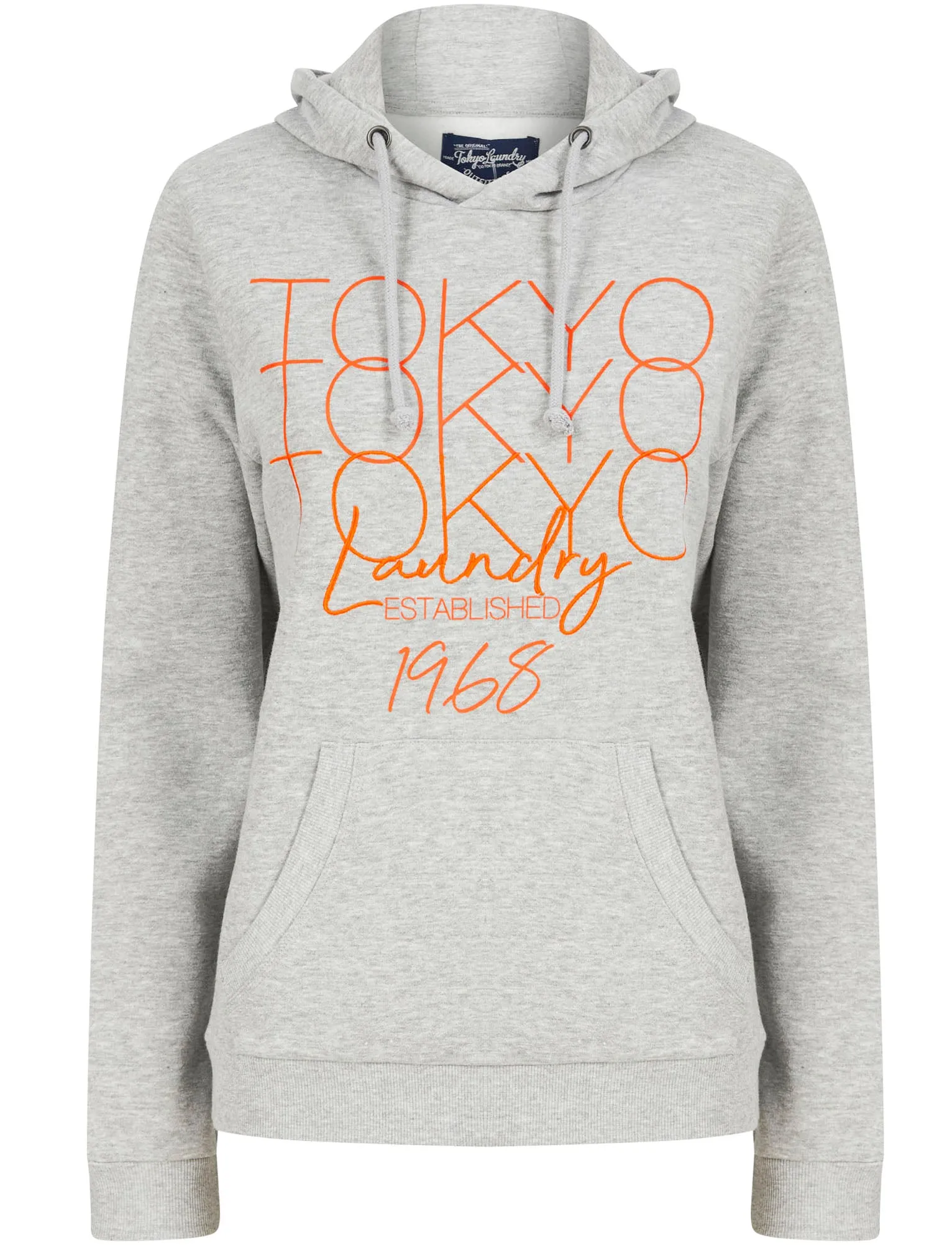 Areli Embroidered Motif Brushback Fleece Pullover Hoodie in Light Grey Marl - Tokyo Laundry