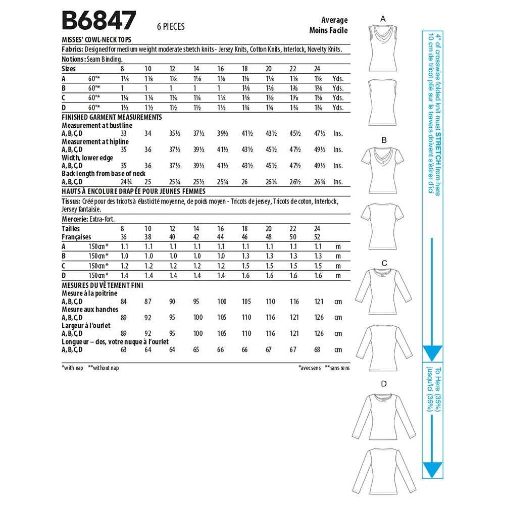 B6847 MISSES' COWL-NECK TOPS