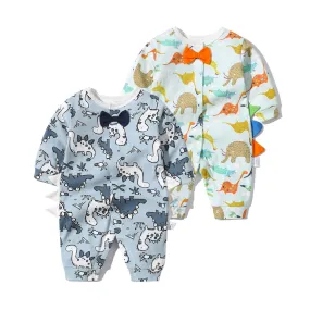 Baby Boy Dinosaur Pattern Bow Tie Patched Design Snap Button Romper Jumpsuit by MyKids-USA™