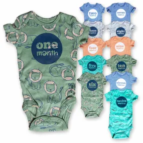 Baby Boy Monthly Photo Bodysuit Set – Jungle Animals and Stripes