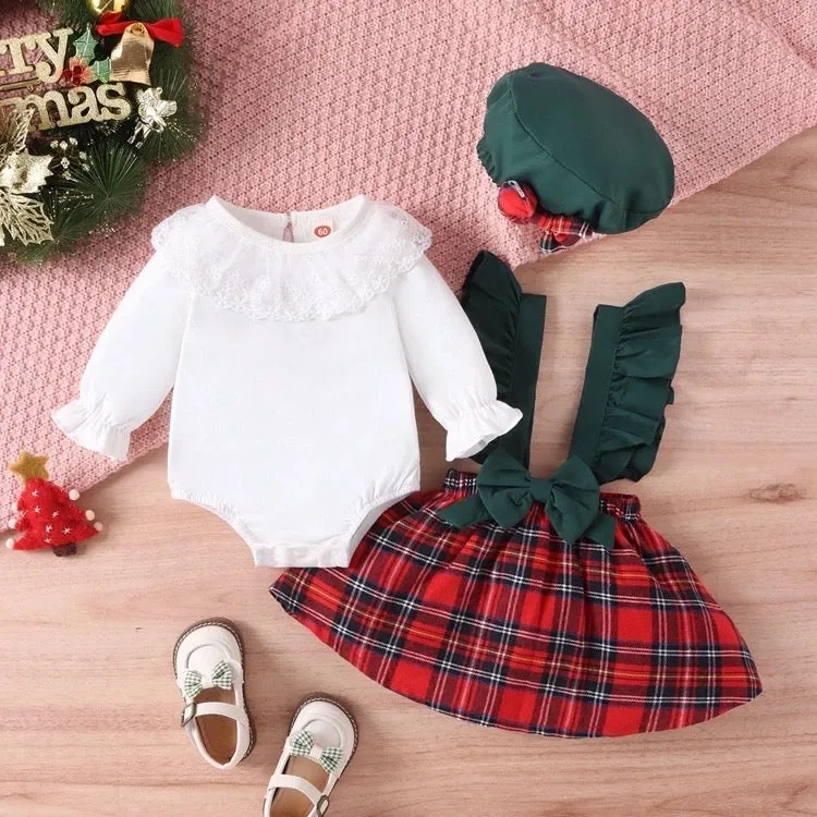 Baby Romper, Suspender Skirt And Headband Set