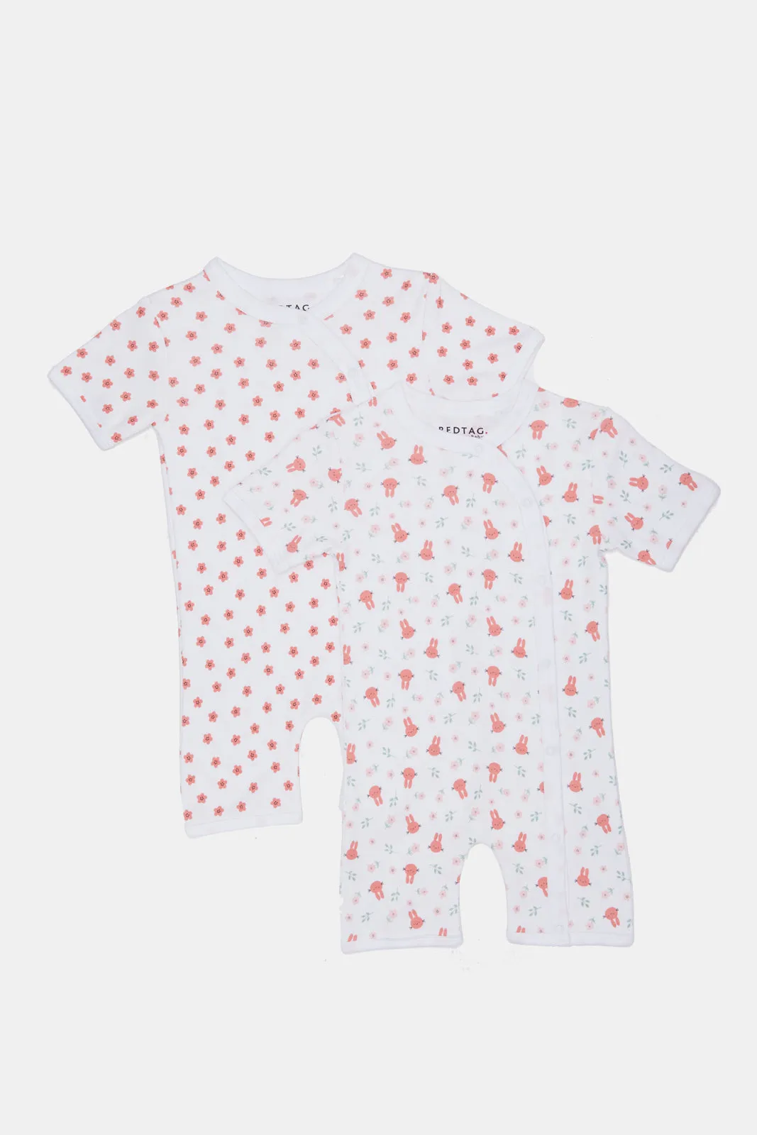 Baby White And Coral Printed Romper Set (Pack Of 2)