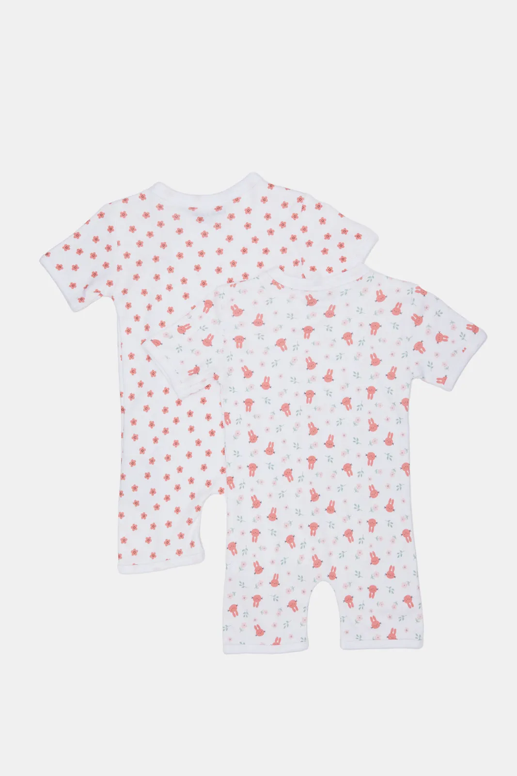 Baby White And Coral Printed Romper Set (Pack Of 2)