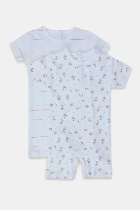 Baby White Printed Romper suit Set (Pack Of 2)