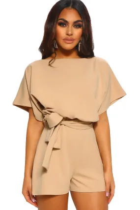 Beige Over Top Belted Short Sleeves Playsuit