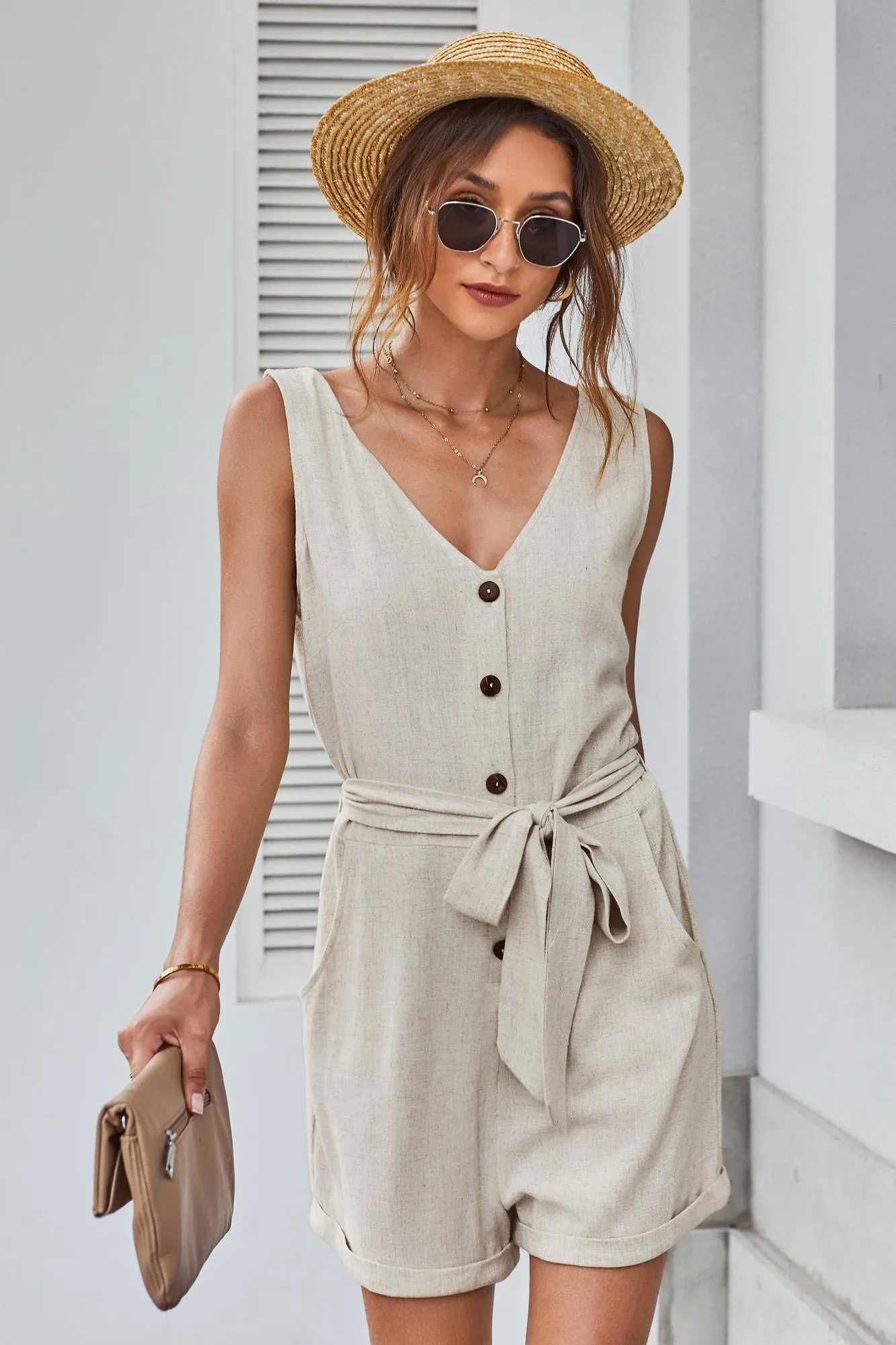 Beige V Neck Button Romper With Belt