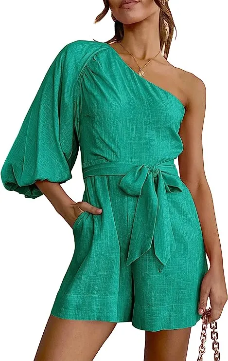 Belted Green One Shoulder 3/4 Puff Sleeve Shorts Romper