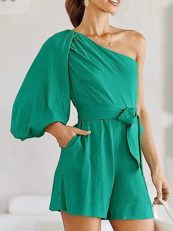 Belted Green One Shoulder 3/4 Puff Sleeve Shorts Romper