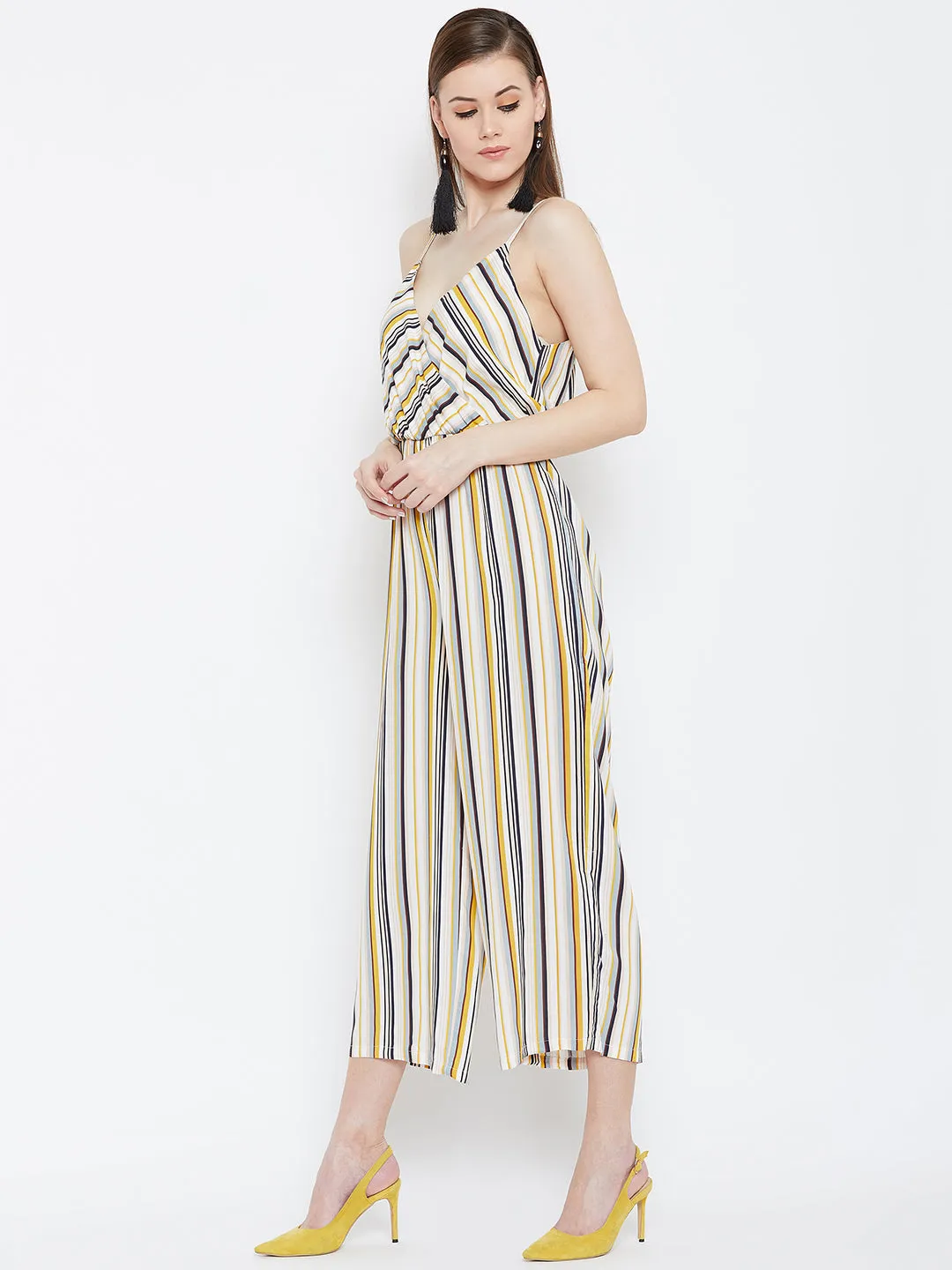 Berrylush Women Cream & Multicolour Striped Patterned V-Neck Layered Wrap Jumpsuit