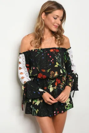 Black Floral Cold Shoulder Romper