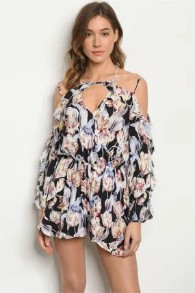 Black Floral Cold Shoulder Romper