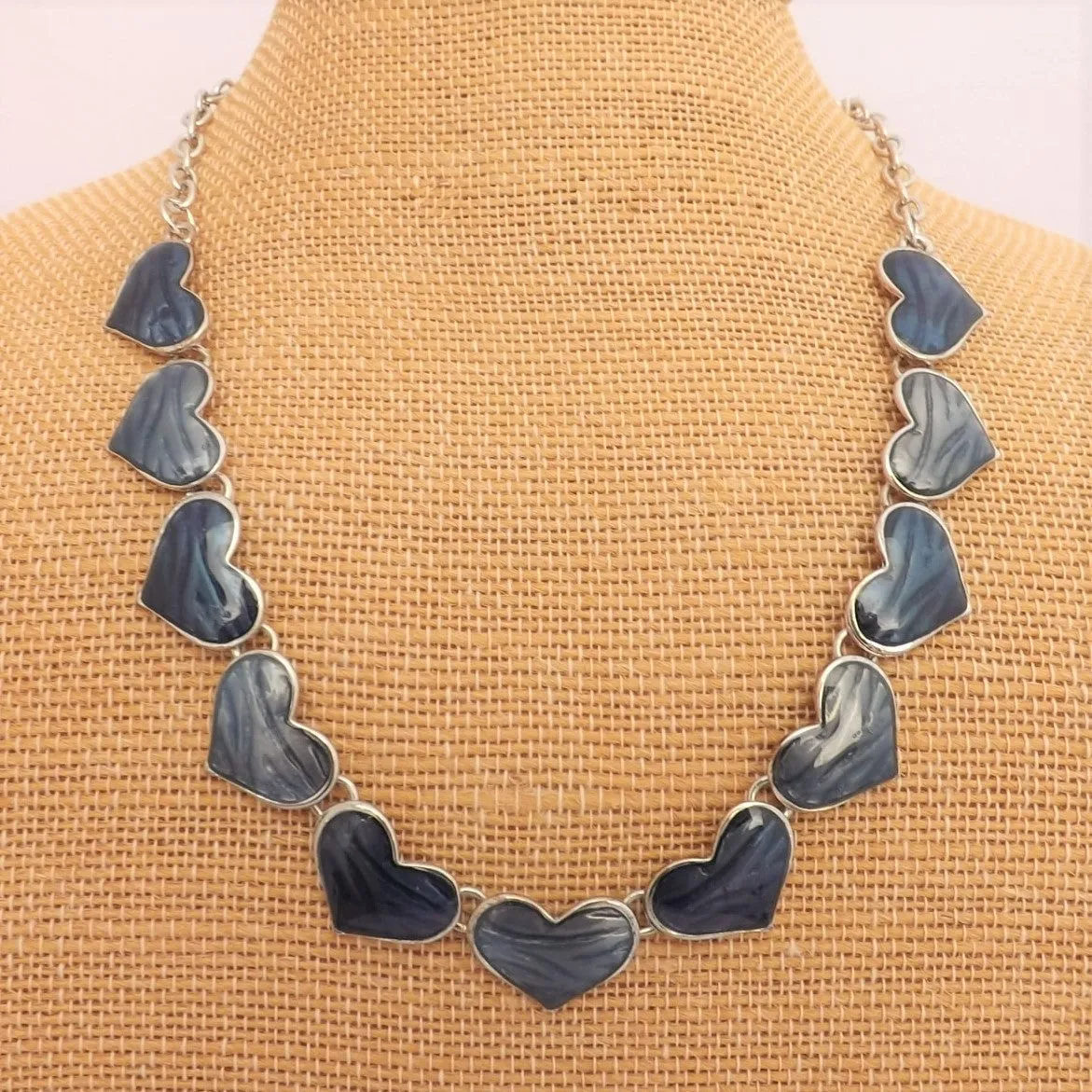 Blue & Silver Tone Heart Collar Necklace