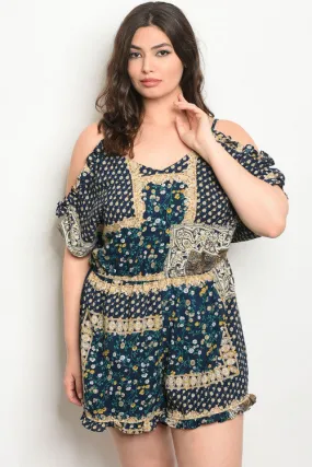 Blue Floral Cold Shoulder Plus Size Romper