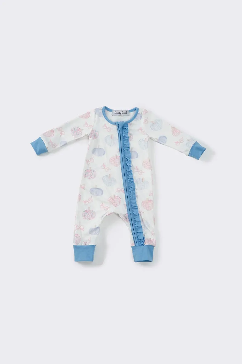 Blue pumpkin print girls romper