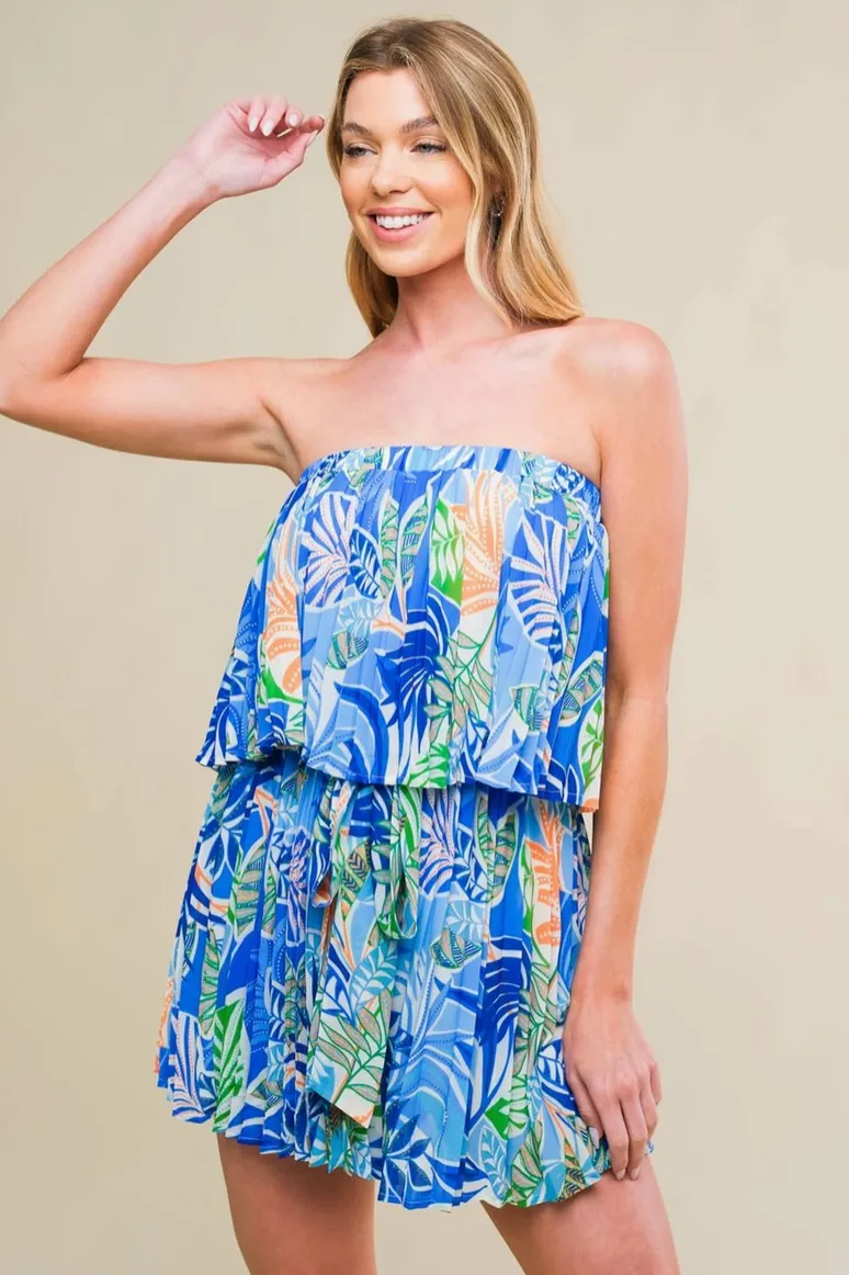 Blue Tropical Strapless Romper